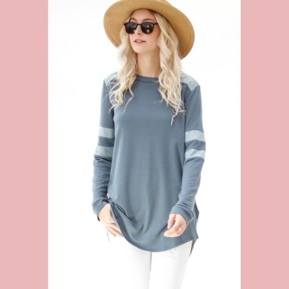 Long Stripe Sleeve Casual Top Blue/Teal High Low - Picture 6 of 9